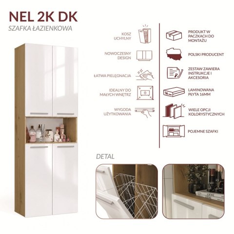 Szafka Łazienkowa NEL 2K DK Regał Słupek 2 Kosze Na Pranie BIEL POŁYSK DĄB ARTISAN