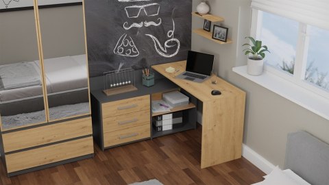 Zestaw BIURKO DANY Narożne ANTRACYT / DĄB ARTISAN + Fotel DRIFT CZARNY