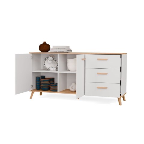 Komoda OLYMPO 2D3S BIAŁA DĄB ARTISAN Szafka 150 Cm 3 Szuflady 2 Drzwi